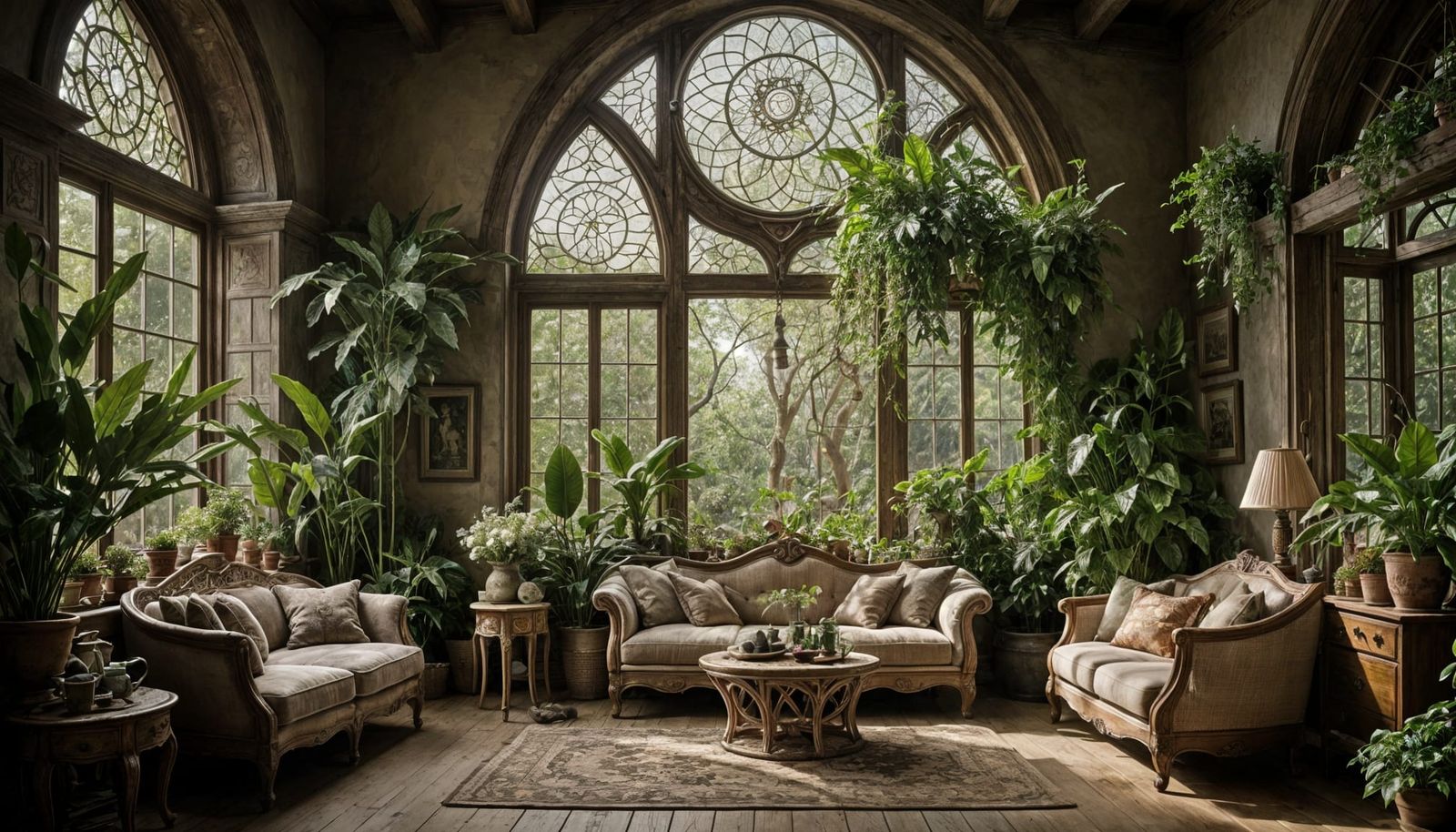 Warm Elven Sanctuary with Earthy Tones and Lush Greenery