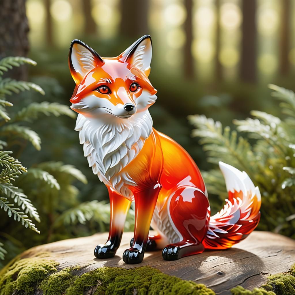 A2727 - Enameled Glass Fox Figurine in a Serene Forest