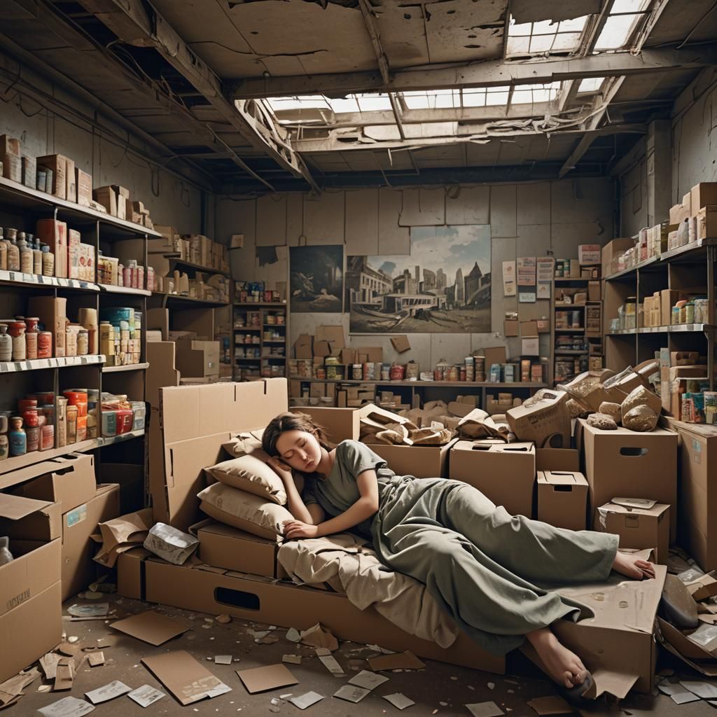 Girl Sleeps in Abandoned Store: Detailed Matte Painting