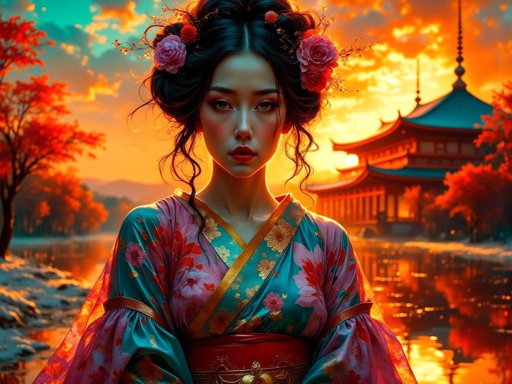 Vibrant Sunset Ceremony: Half Alien Geisha in Neon Light