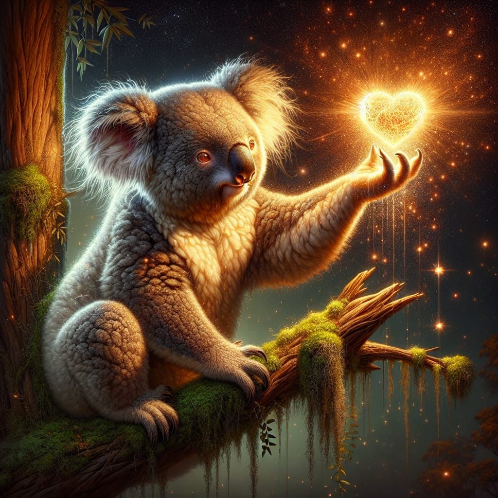 Fluffy Koala Bear Offering Heart in Starry Night