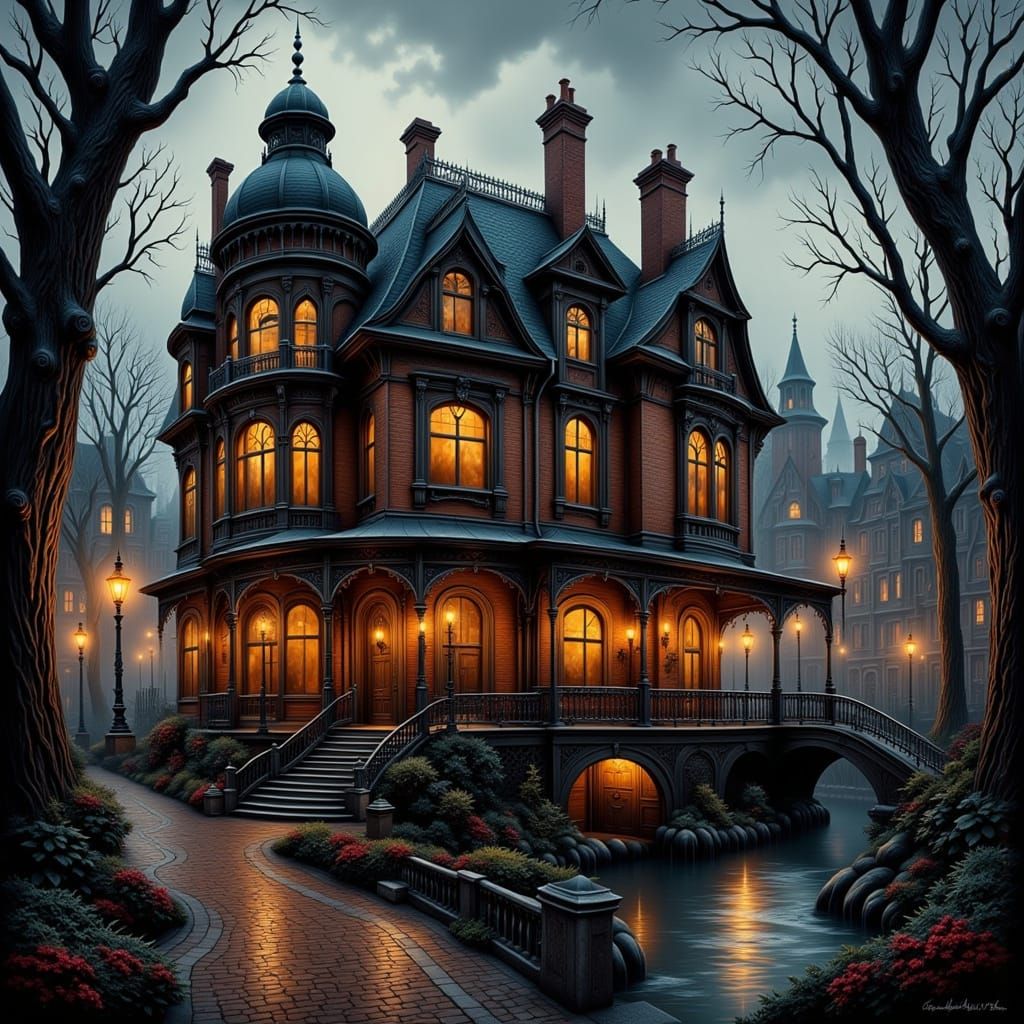 Victorian Manor in Rainy Cityscape, Syd Mead Style