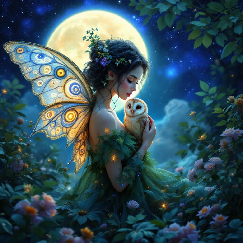 Enchanted Forest Fairy with Moth Wings and Baby Owl in Starr...