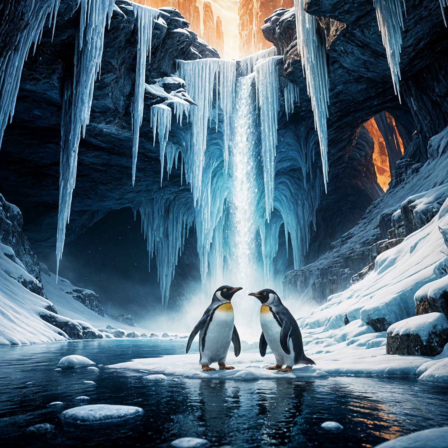 Penguin Playtime: Detailed Matte Painting in Deep Color