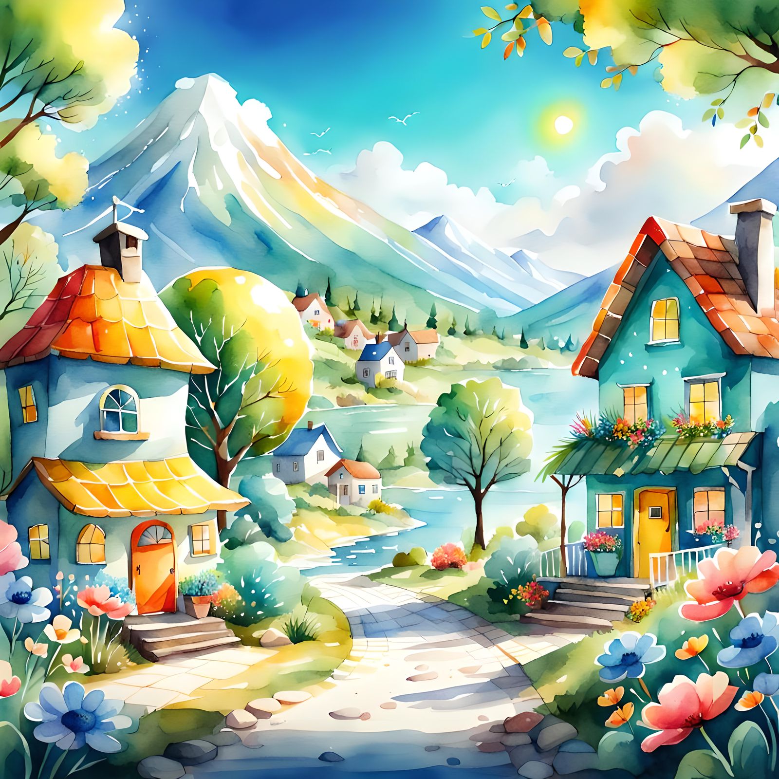 Happy Bright Cute Scene in Watercolor