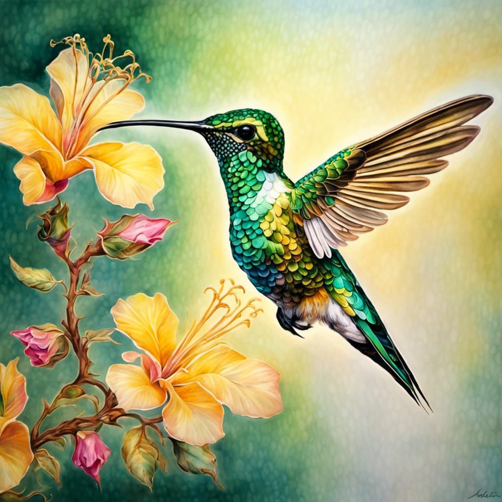 Iridescent Hummingbird on Rose Tree, Watercolor Art