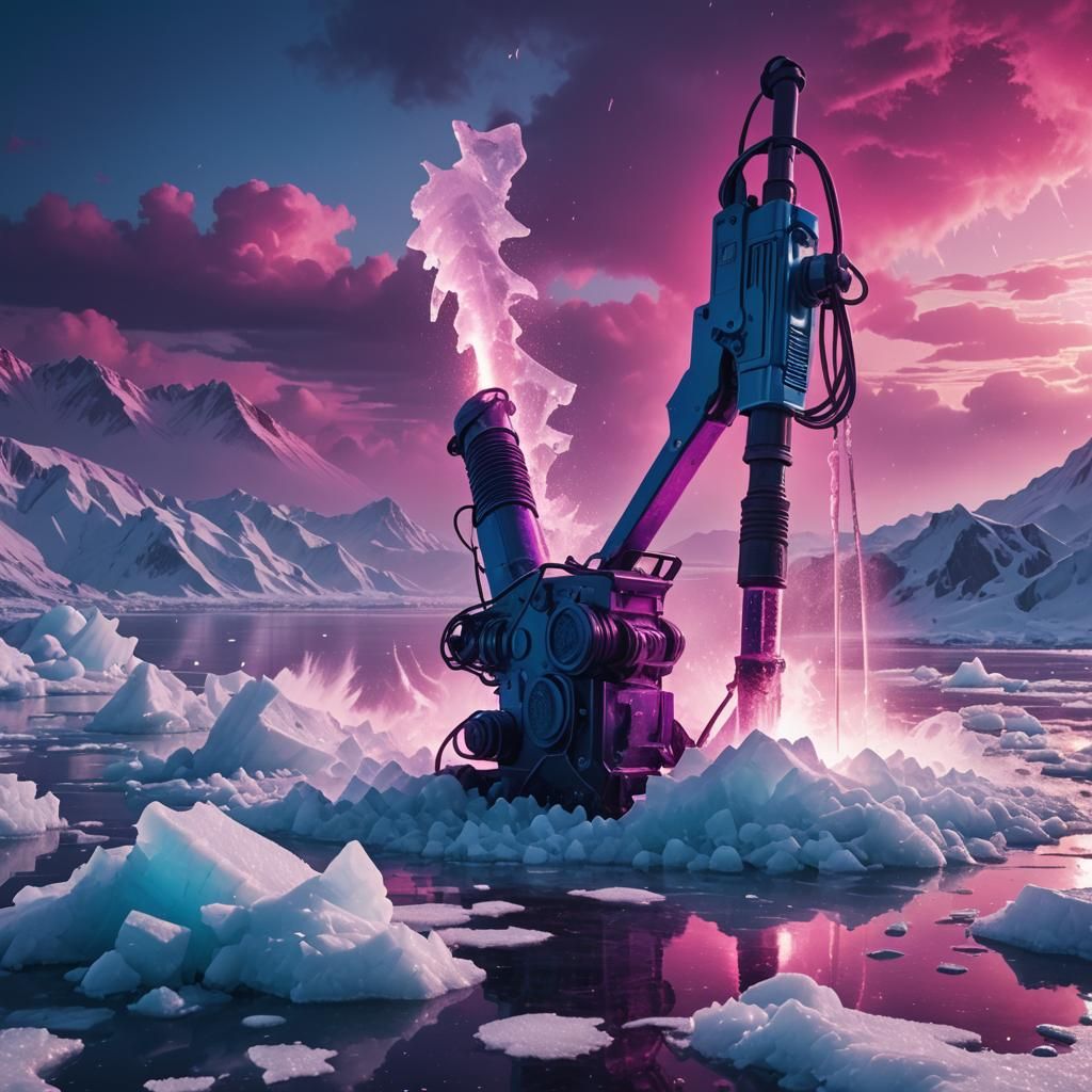 Synthwave Jackhammer Breaks Frozen Lake in Neon Glow