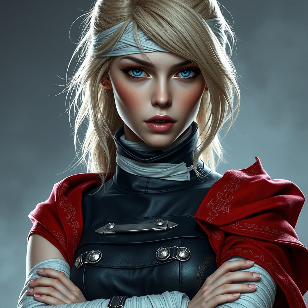 Confident Fantasy Warrior with Bandaged Eyes