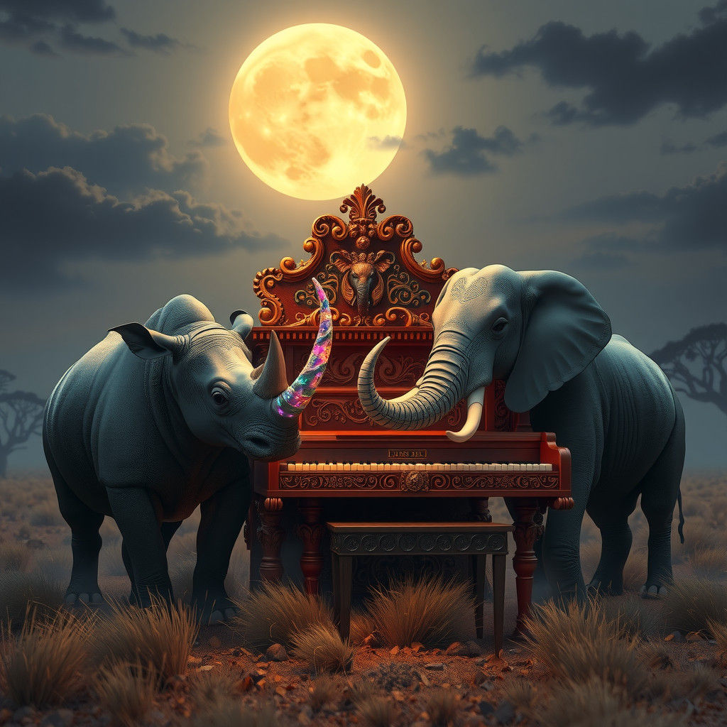 Enchanted Savannah: Rhino and Elephant's Piano Serenade