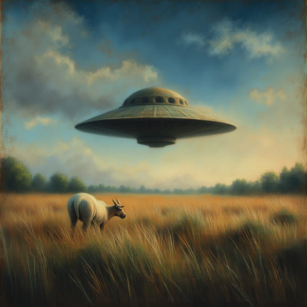 UFO Hovers Over Sheep Farm in Neon Chalk Style