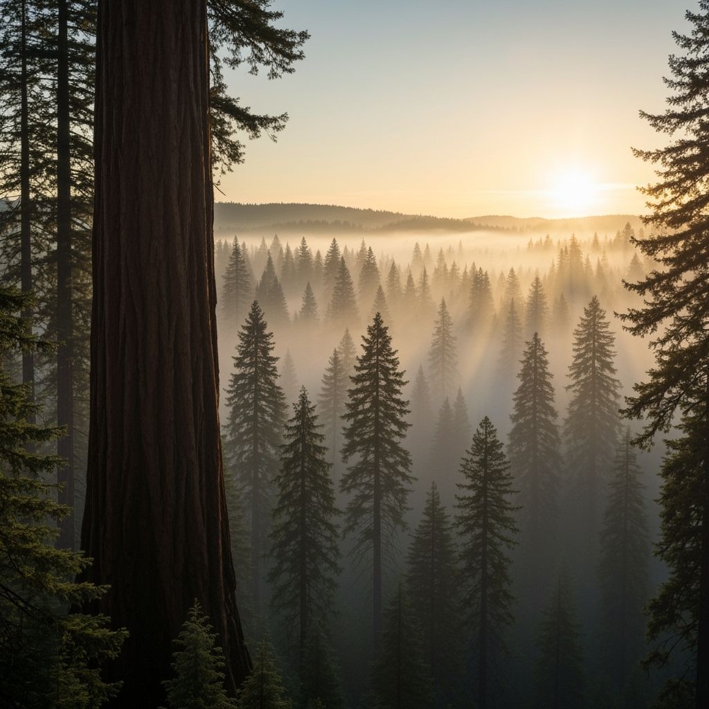 Epic Redwood Forest at Sunset in Dense Fog