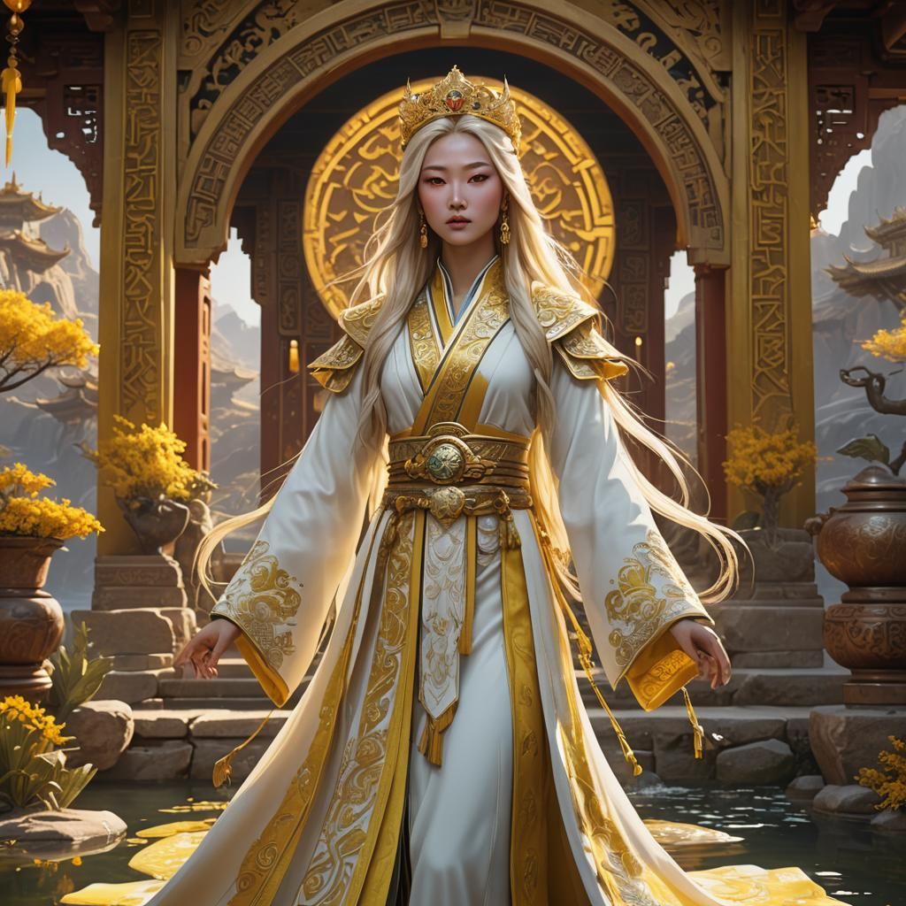 Immortal Lady of the desert. Lake oasis magic lights.