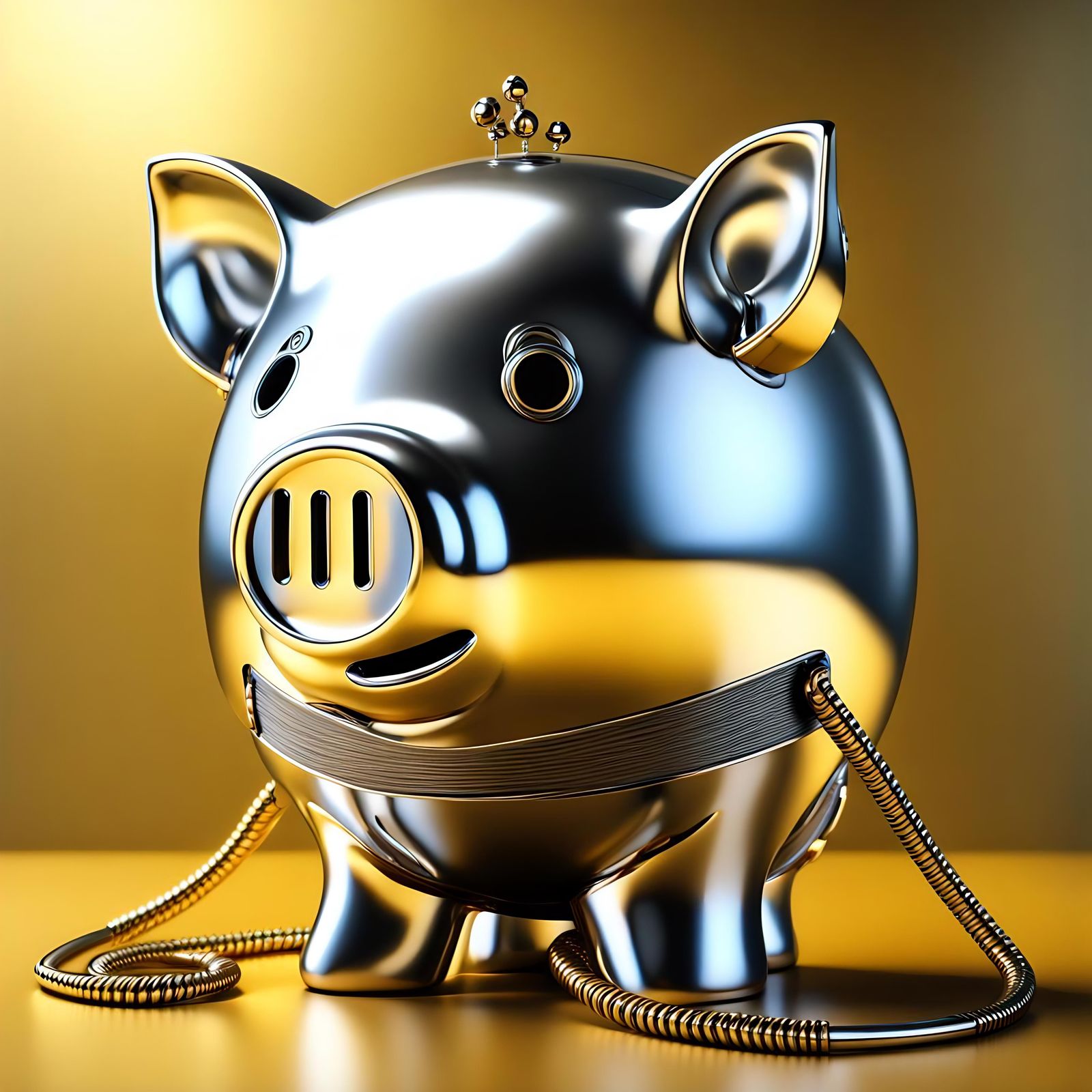 Polished Silver Piggy Bank with Golden Headphones