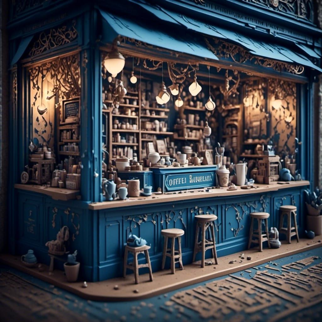 Blue Papercraft Coffee Shop in 3D