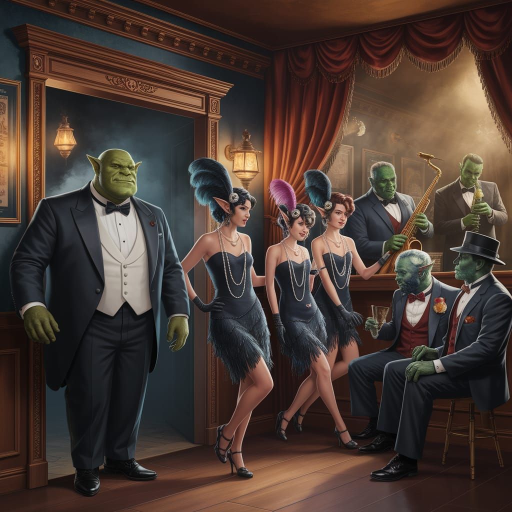 1920s Speakeasy Scene with Fantasy Characters