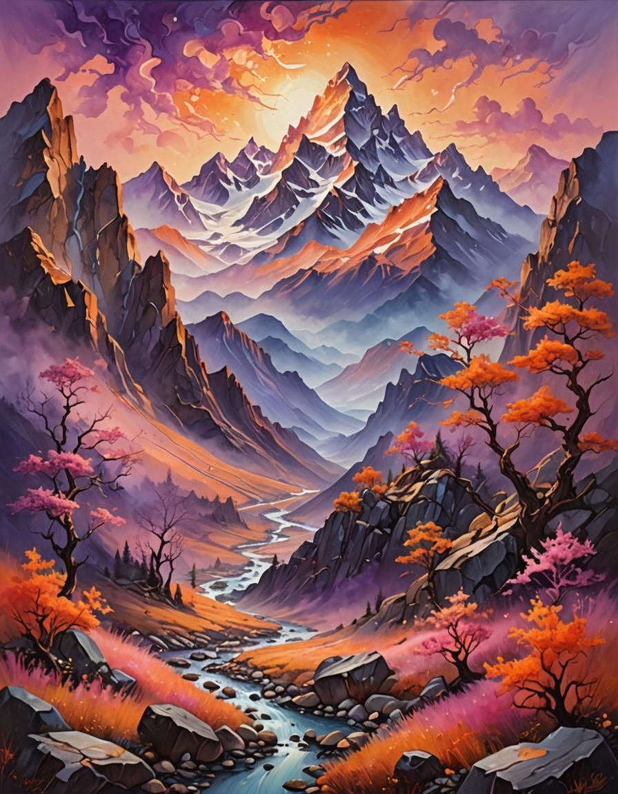 Surreal Mountain Landscape at Sunset as Oil Painting
