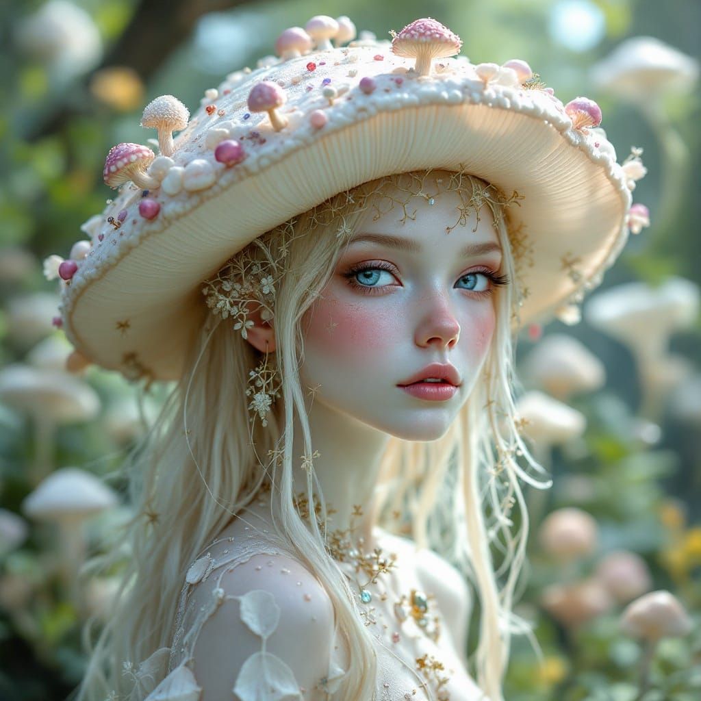 Ethereal Mushroom Maiden in Gemstone Mushroom Landscape