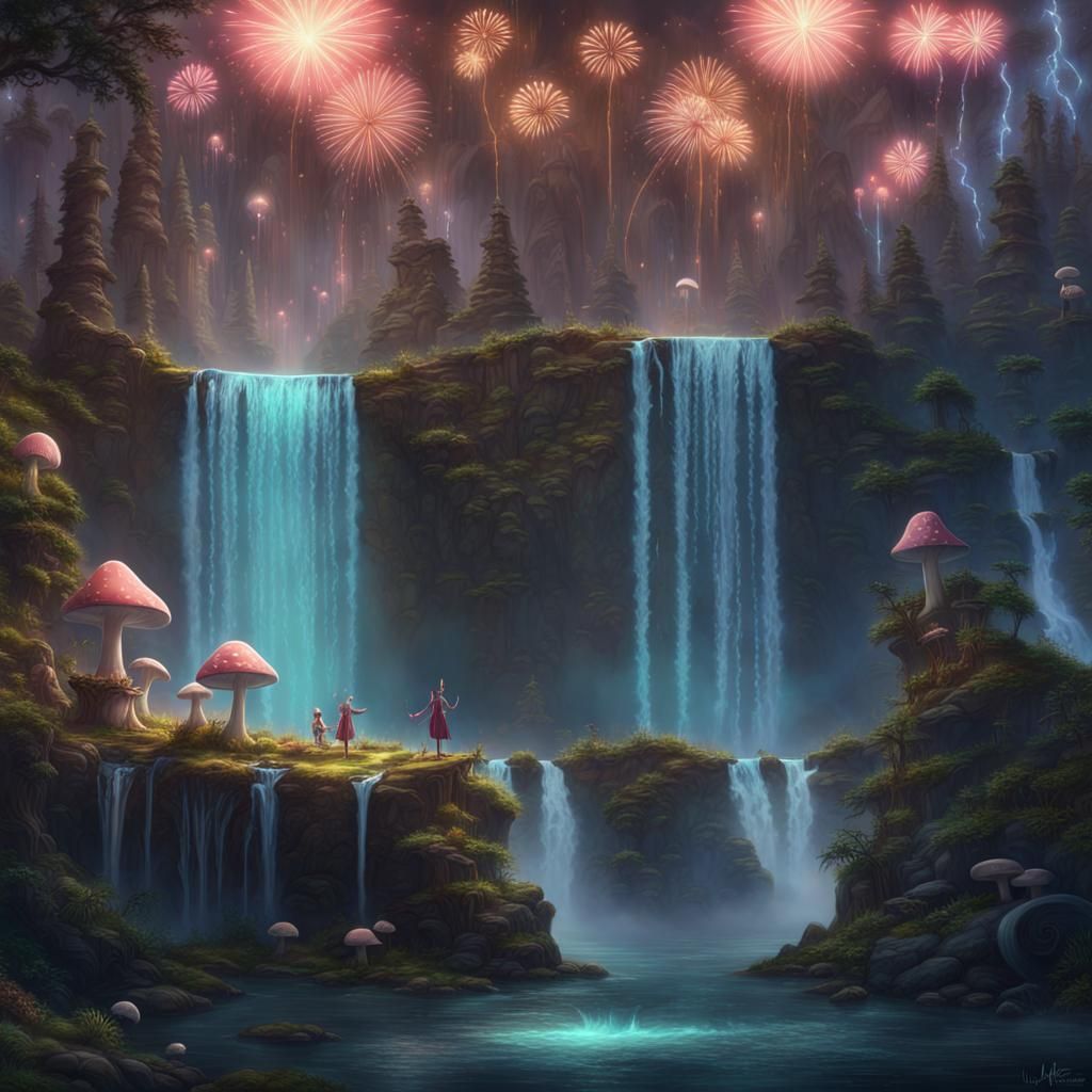 Enchanted Forest Waterfall with Elves, Digital Art
