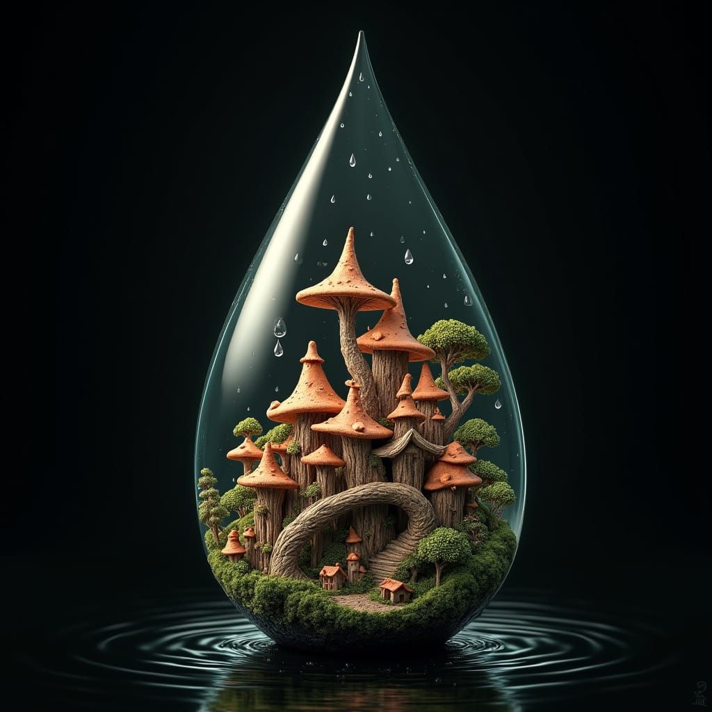 Whimsical Village Floating in a Raindrop