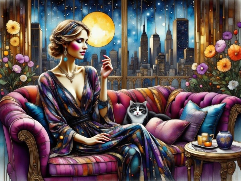 Ethereal Watercolor Portrait of a Young Woman with Her Cat