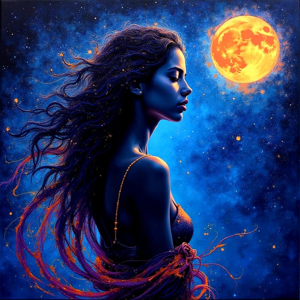 Goddess Silhouette with Sensual Gaze in Starry Night Graffit...