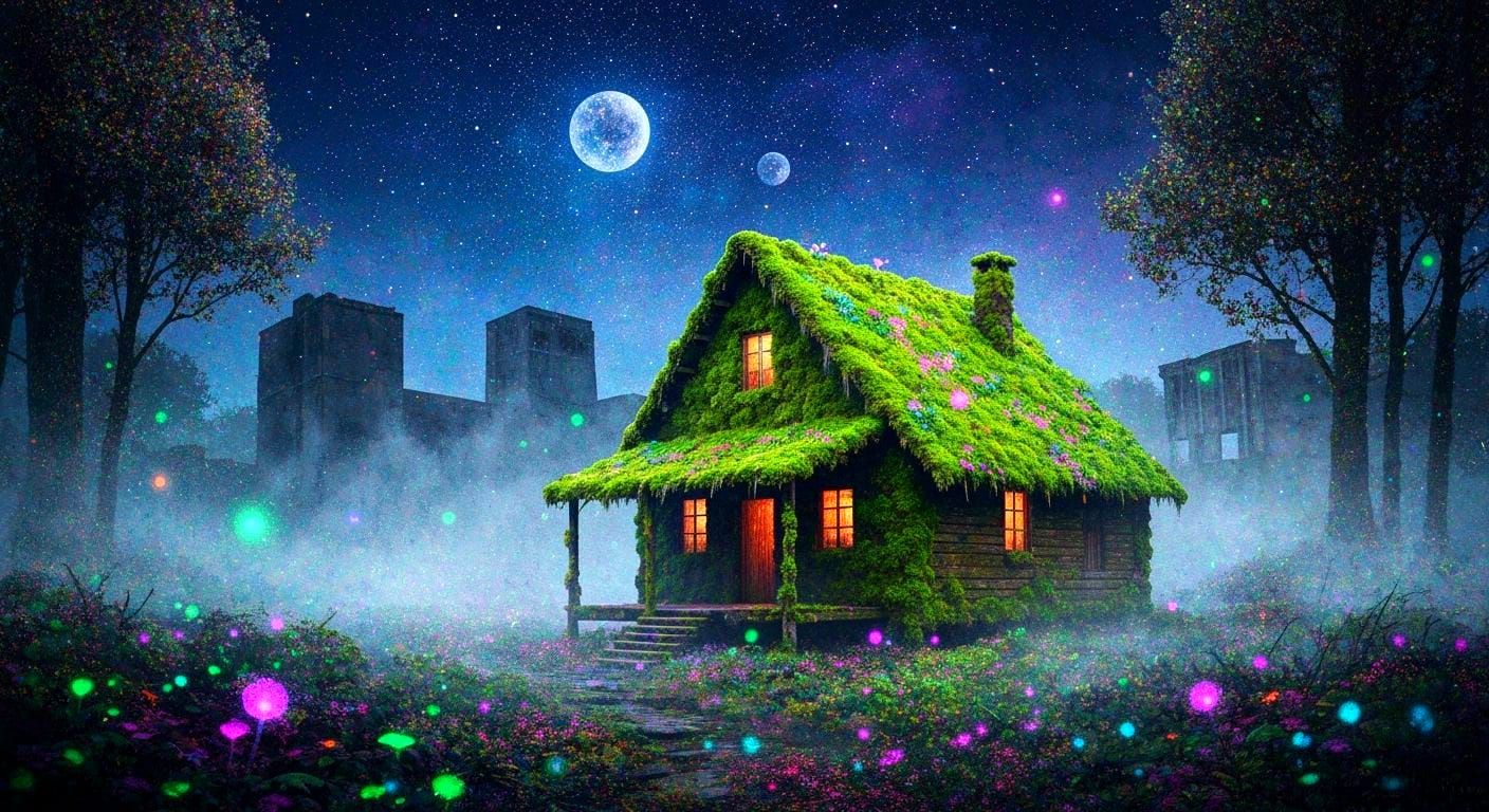 Bioluminescent Forest Cabin in Pointillist Style