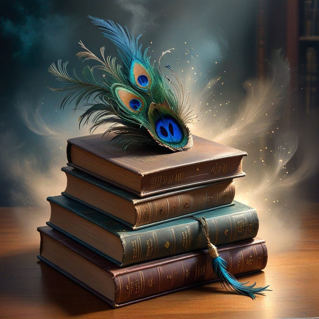 Elegant Top Hat of Antique Books with Peacock Feather