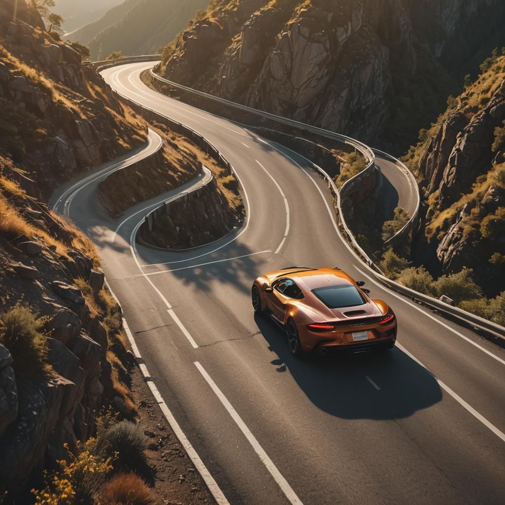 Sports Car Speeds Down Mountain Road: Cinematic Still