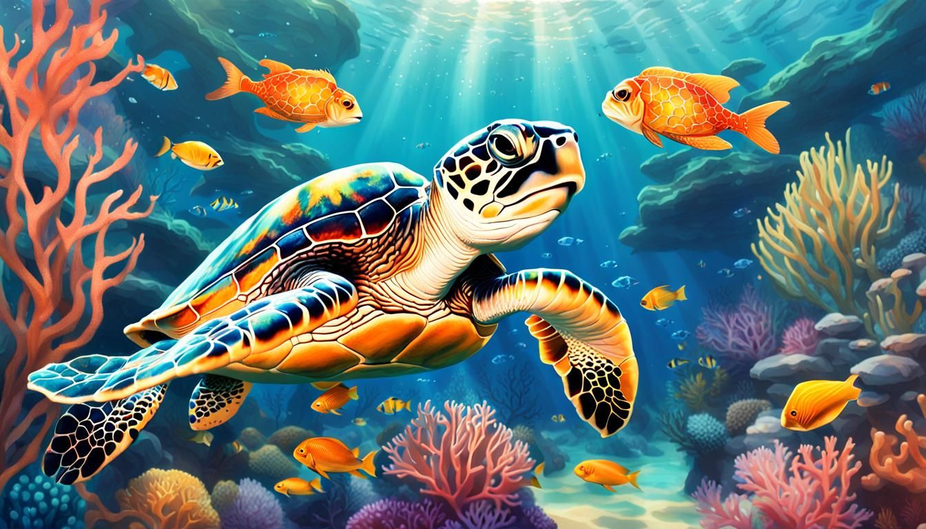 Underwater Coral Reef Scene with Sea Turtle