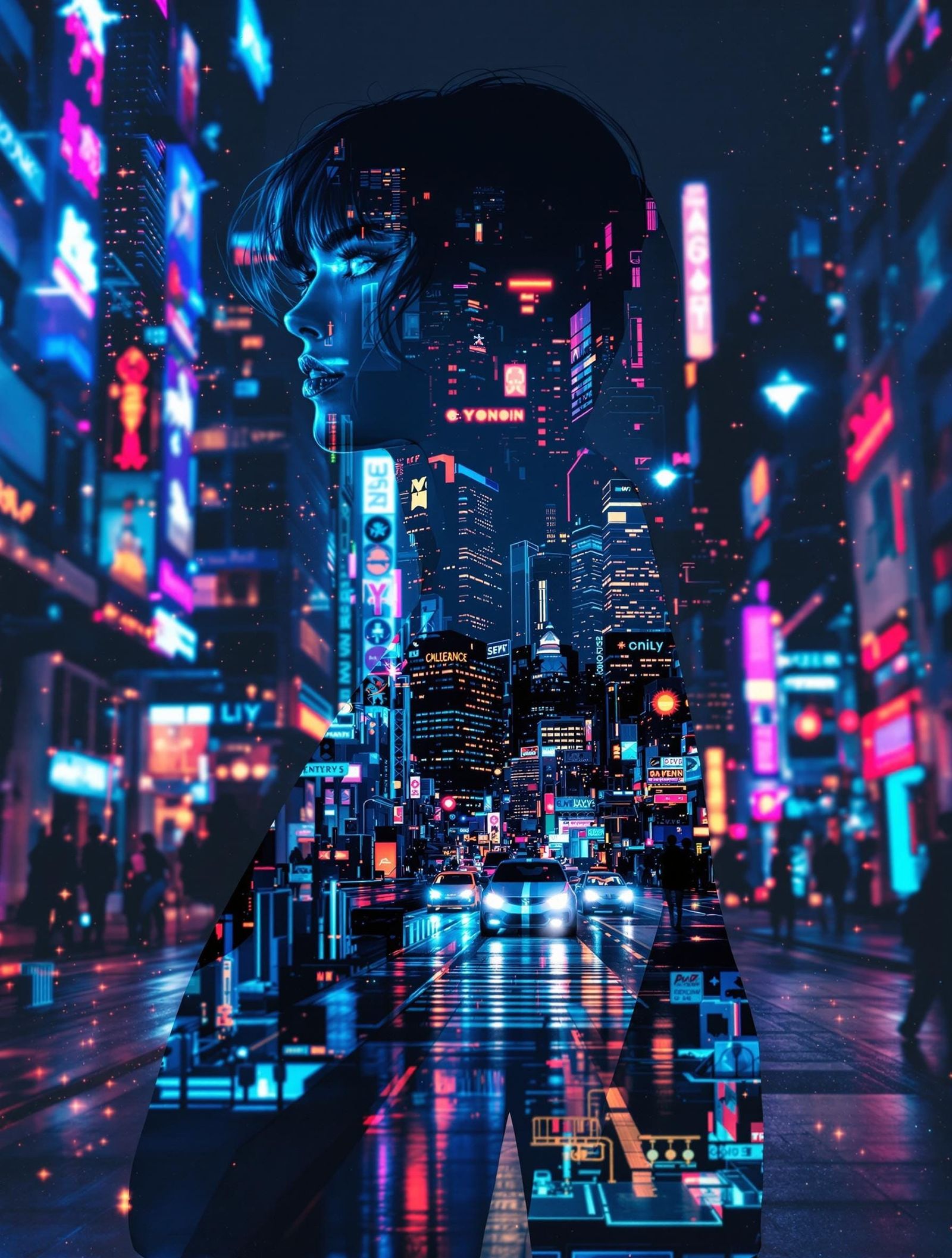 Woman Blends with Urban Nightlife in Vibrant, Dreamlike Scen...