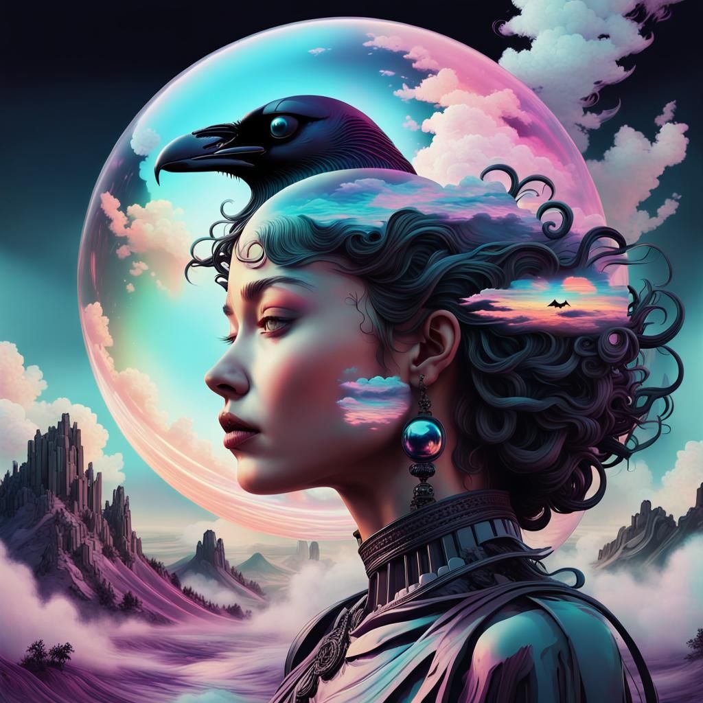 Vaporwave Dreamscape: Woman and Raven in Moonlight