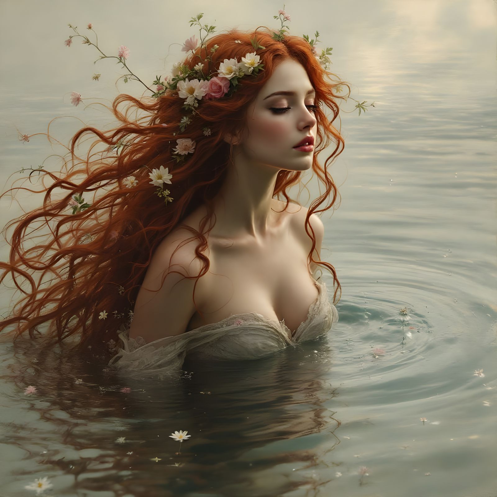 Ethereal Bride Emerges from Enchanted Lake in Pre-Raphaelite...