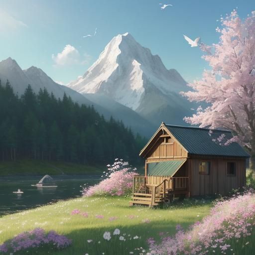 Anime Meadow Scene with Hut and Mountains