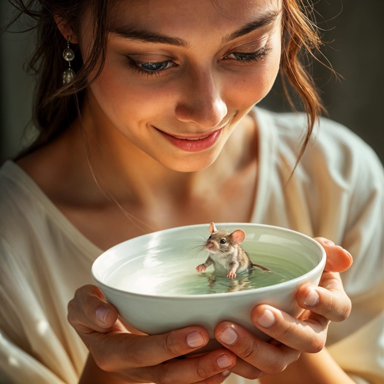 Surrealistic Woman Smiles with Happy Mouse in Water