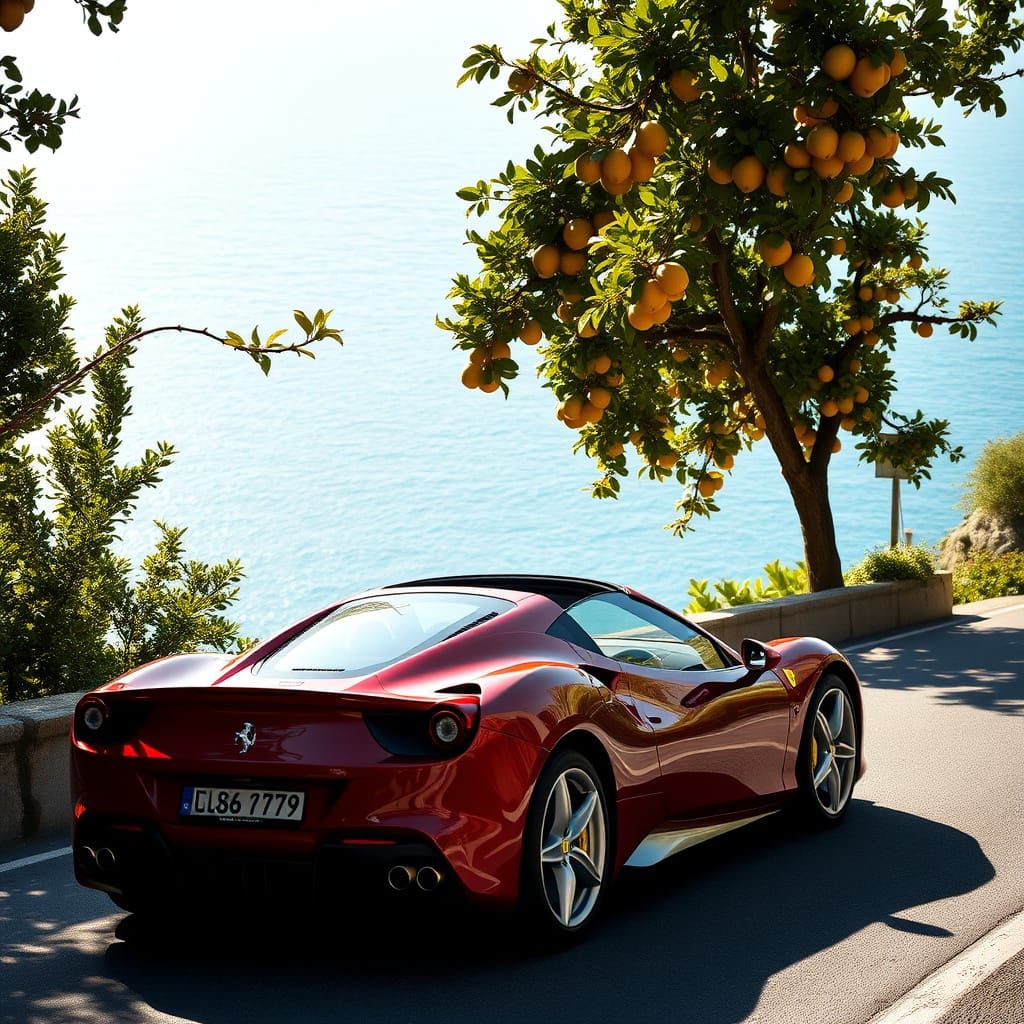 Wine-Red Ferrari Navigates Amalfi Coast Road