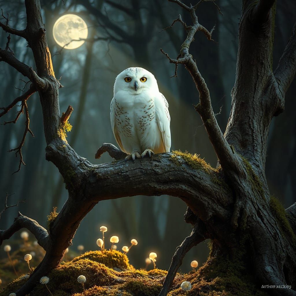 Majestic White Owl on Ancient Oak, Dusted with Moonlight