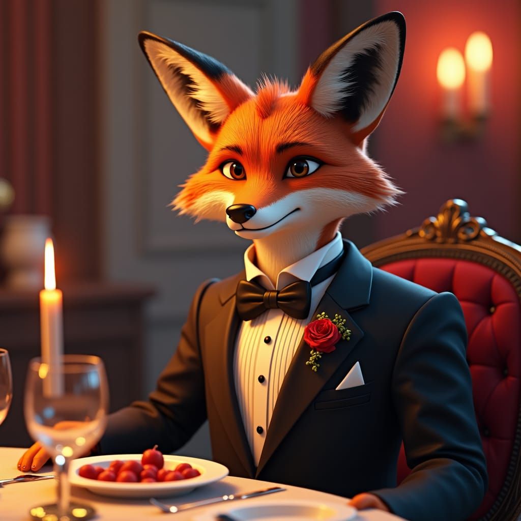 Fox in Tuxedo at Dinner Party: Detailed Matte Painting