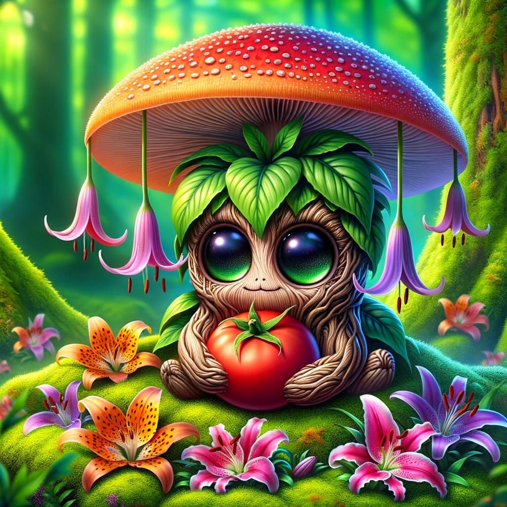 Adorable Mandrake Creature on Purple Mushroom with Tomato