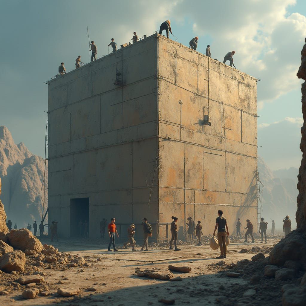 Giant 3D Cube Under Construction with Tiny Builders