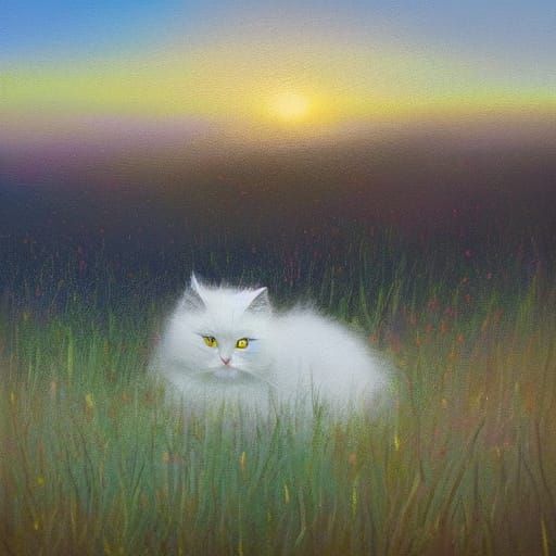 Ethereal White Cat on Glowing Daisy in Dreamy Nighttime Land...