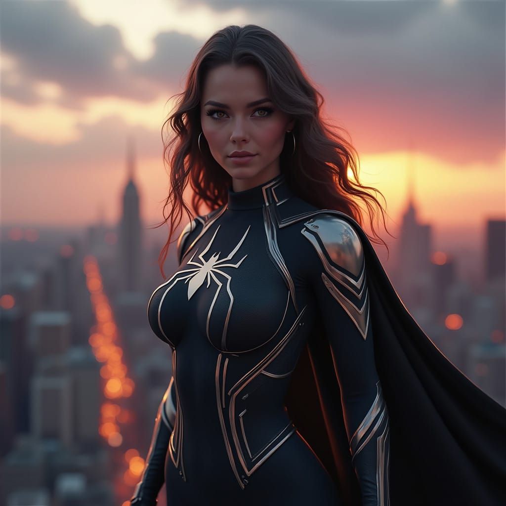 Heroic Female Spider Hyperreal in Cyberpunk Cityscape