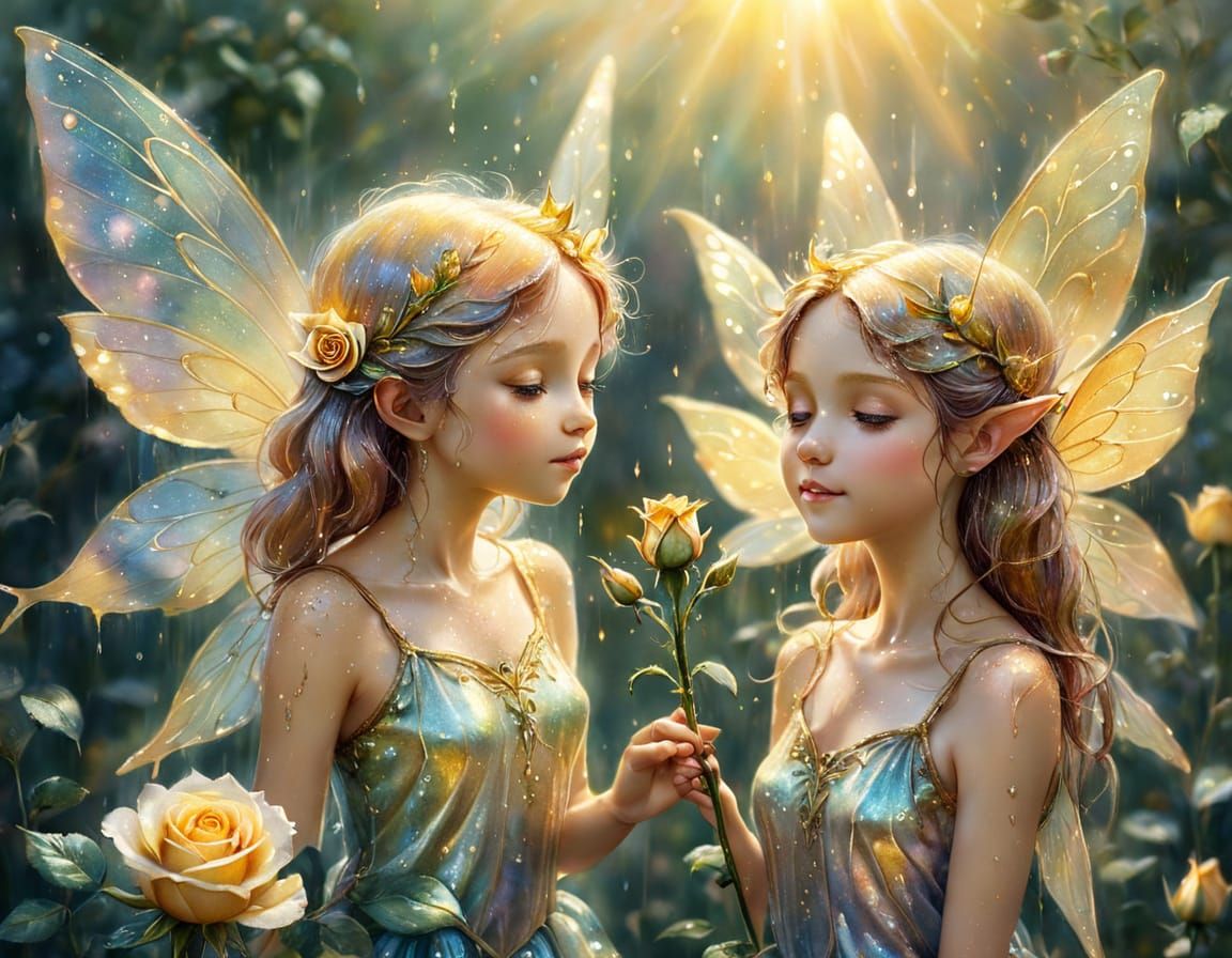 Fairies Play on Golden Rose in Watercolor Art