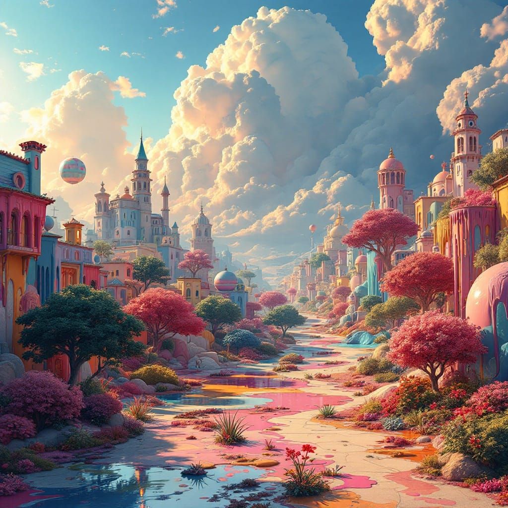 Fantasy Cityscape in Vivid, Dripping Paint