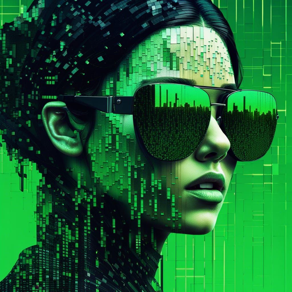 Mosaic Girl in Glitched Matrix-Inspired World