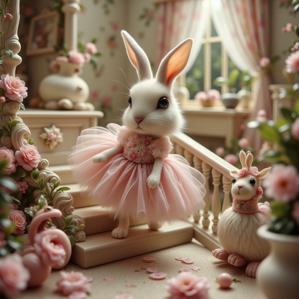 Whimsical Bunny Descends Grand Dollhouse Staircase in Enchan...