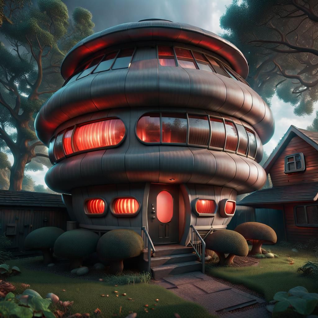 Mushroom House in HAL 9000 Style, Hyperrealistic