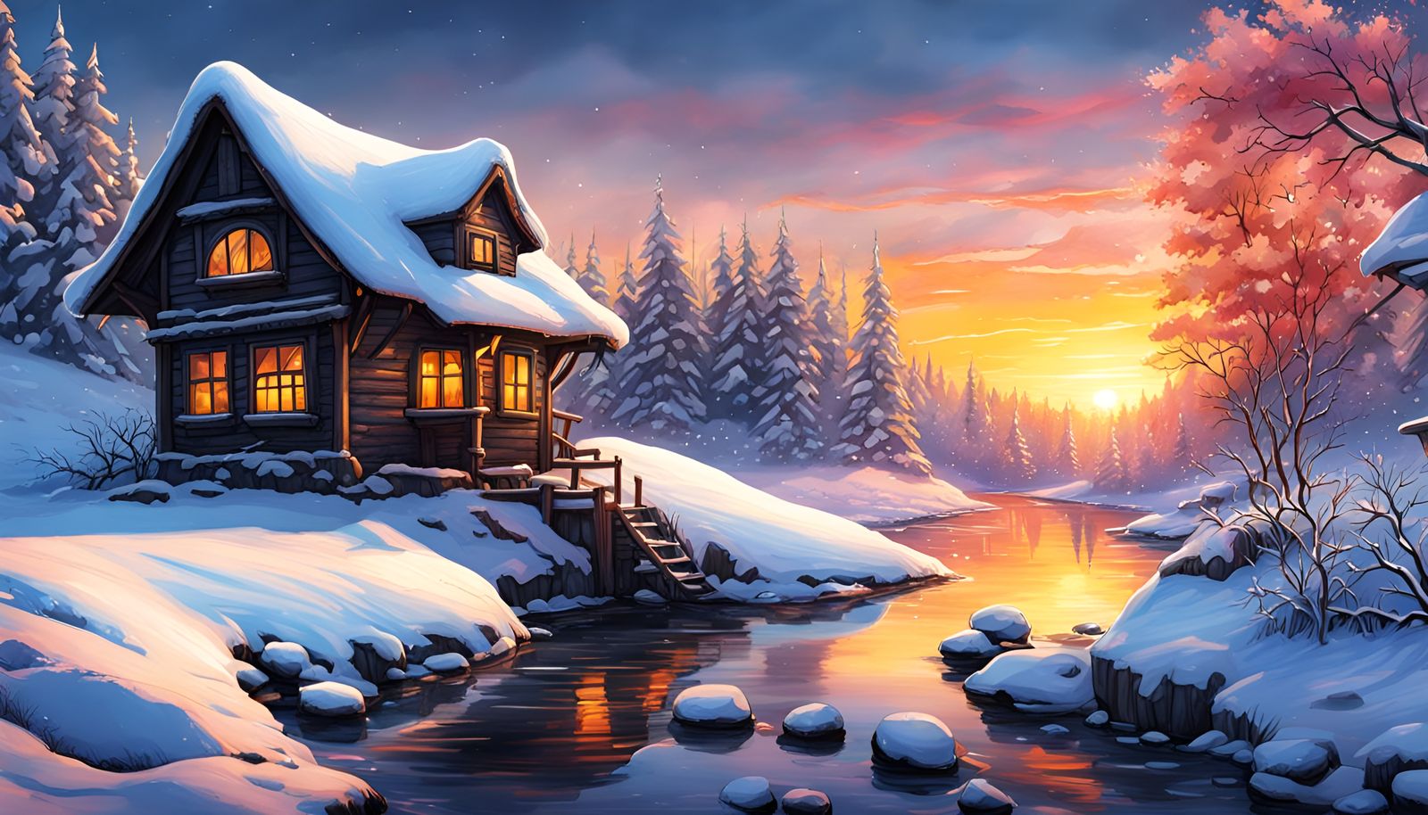 Fairy House at Sunset by a Frozen River