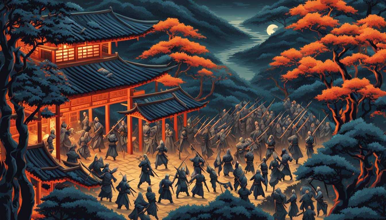 Samurai Surrounded by Ninja in Ukiyo-e Style