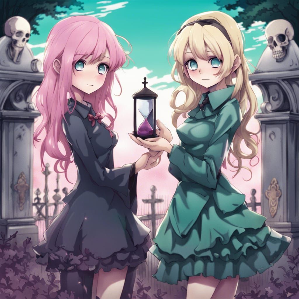 Two Anime Women in Cemetery, Tim Burton Style