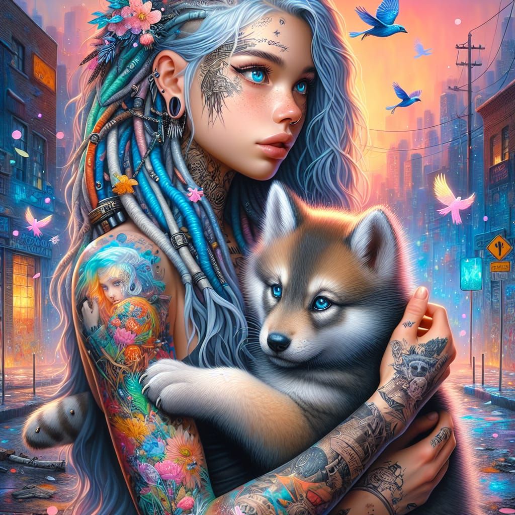 Girl with Wolf Cub in Bioluminescent City